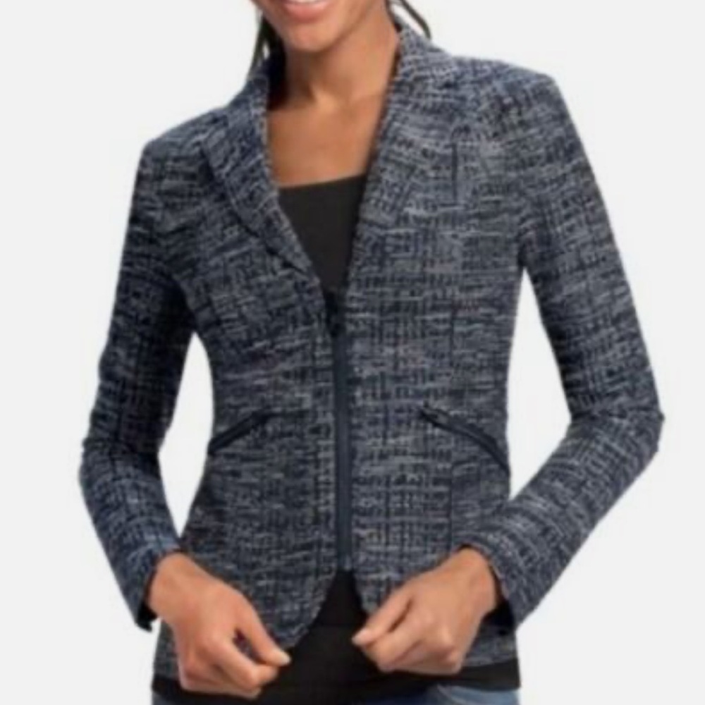 CAbi Navy Tweed Zip-Front Blazer Jacket Career Fall